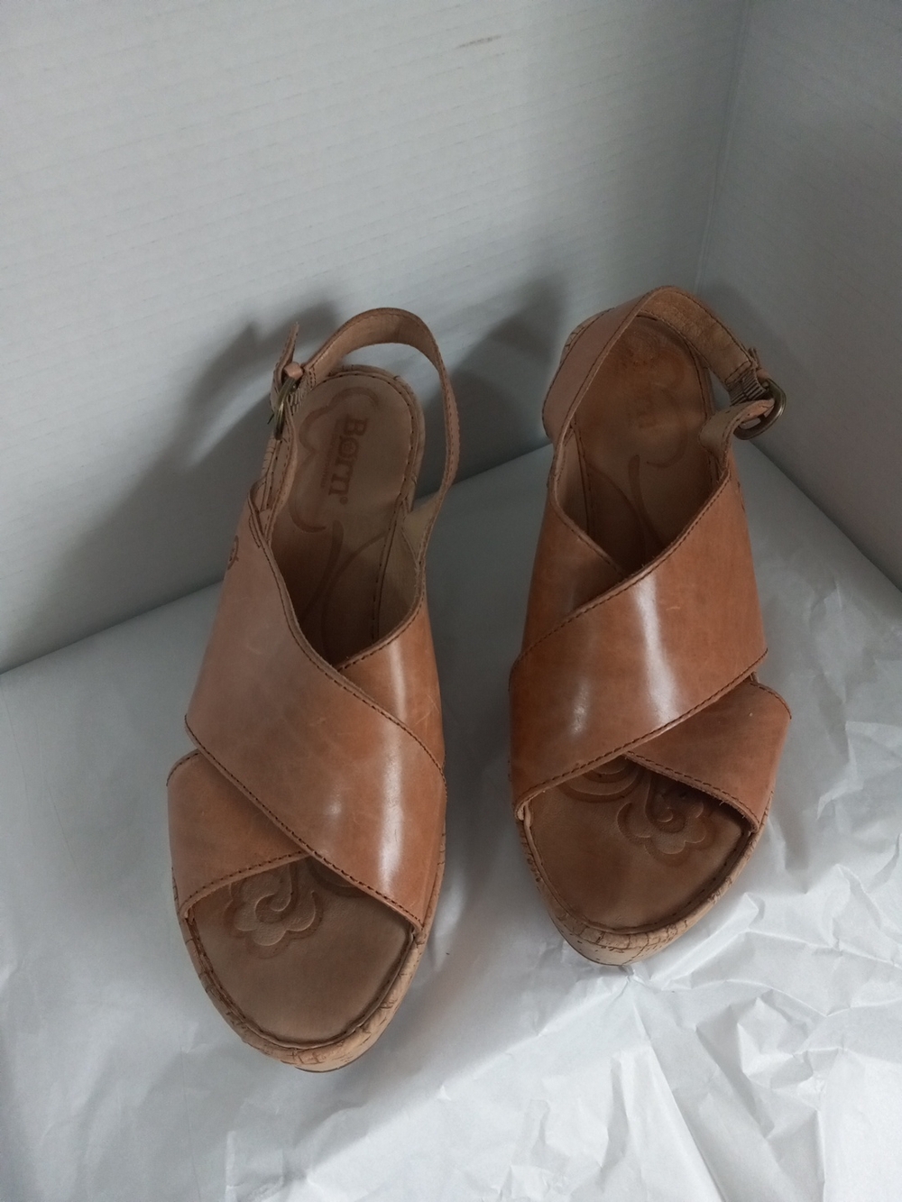 Born Tan Leather Cork Wedge Sandals - Picture 2 of 10